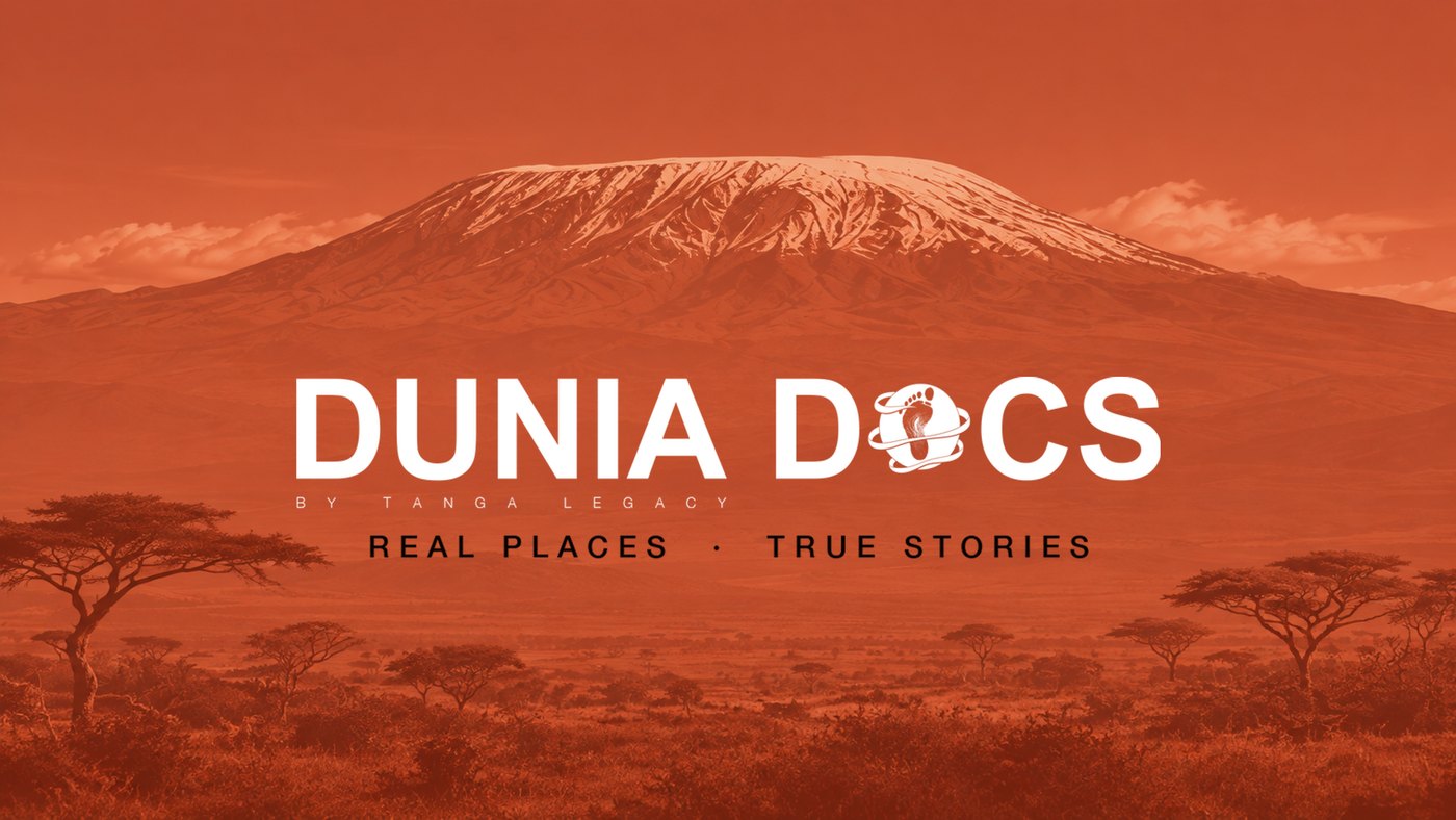 Dunia Docs — the lockup and tagline over Kilimanjaro in terracotta duotone